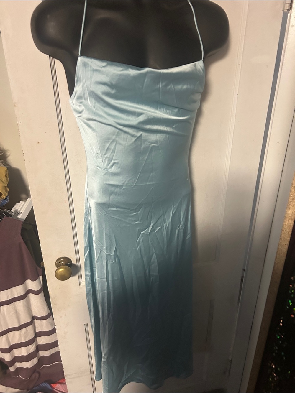 Satin Light Blue Spaghetti-Strap Maxi Dress
